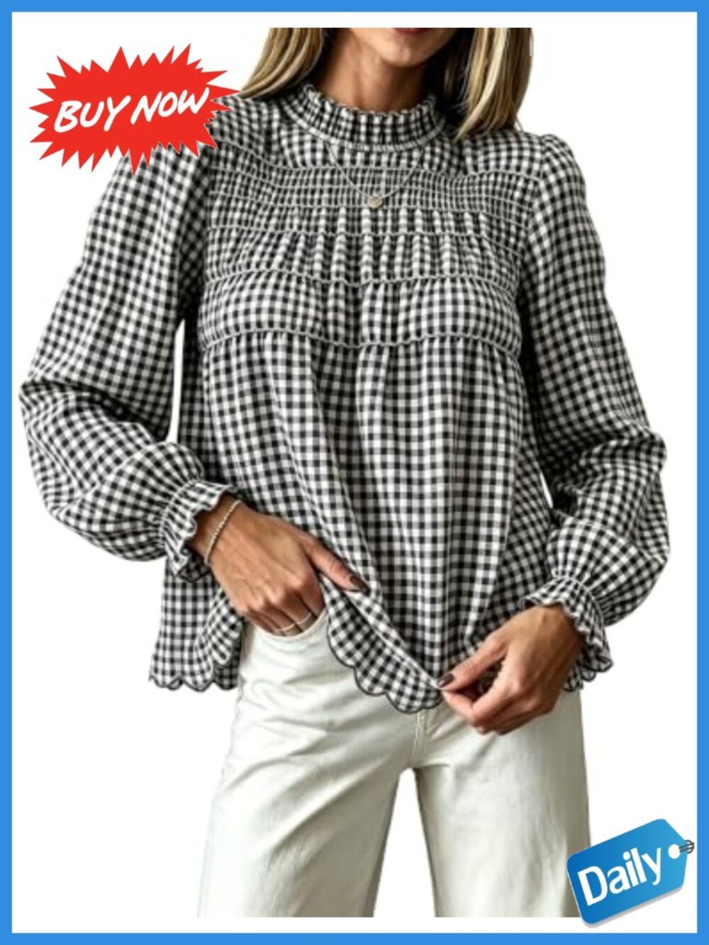 Women's Gingham Smocked Blouse Long Sleeve Babydoll Top